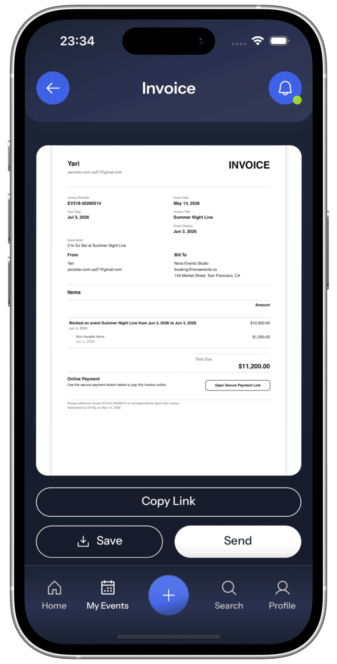Slightly angled OnTop invoice screen in an iPhone 16